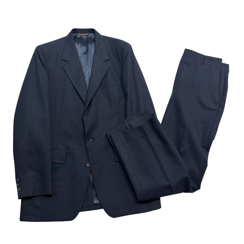 vtg 80s Palm Beach 42R 34x30 Navy Blue Pinstripe 2pc Pant Suit USA Wool Blend